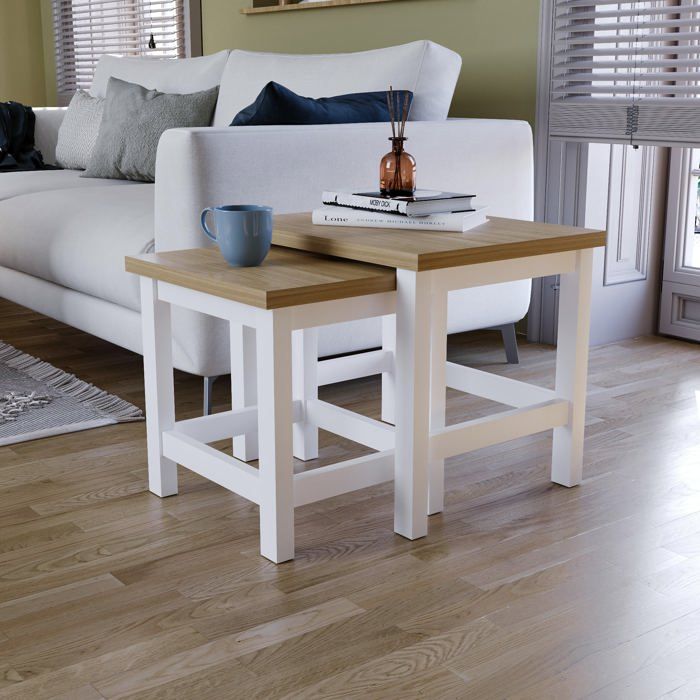 Ensemble de 2 tables gigognes Arlington blanc et chêne – Tables d’appoint de canapé ou basse design moderne