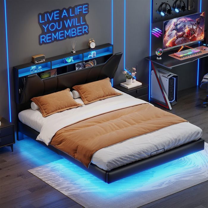 Lit coffre - 160x200 cm - LED intégrée - Coffre de rangement - Scandinave noir PU