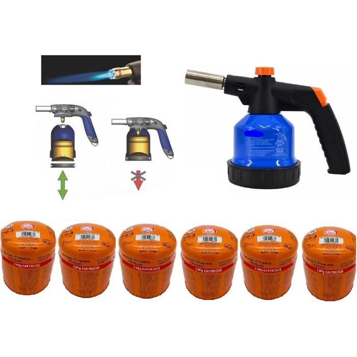 SMH LINE® Chalumeau à Gaz Avec 6 Cartouches 190g - Brûleur Soudeur Puissant 2,2 KW Jusqu'à 1300°C - Allumage Piézo - Flamme Réglable - Idéal Soudure, BBQ, Cheminée
