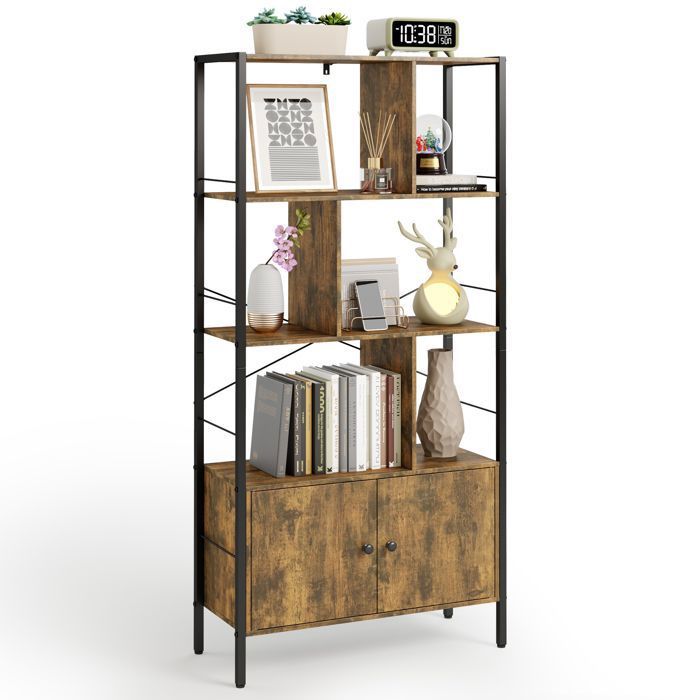 Bibliothèque - Bealife - Étagère Murale 4 Niveaux - 2 Portes - Meuble Rangement sur Pied 11 4 cm - 74 x 30 x 153 cm - Marron