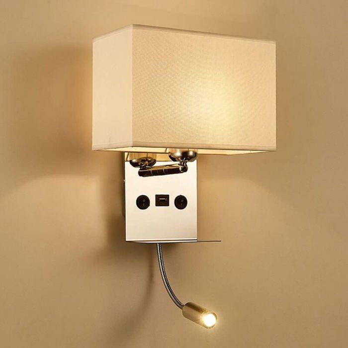 Applique murale - PZCC - Liseuse flexible - Port USB 5V/2A - Étagère métal - Abat-jour tissu 3W LED
