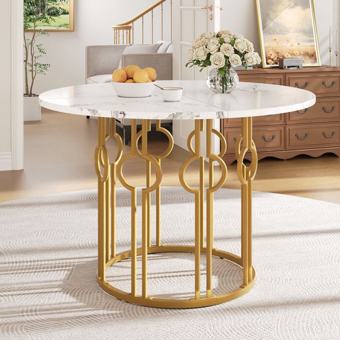 Table à manger ronde - MDF - Pieds dorés - 100x100x76cm - 4 places
