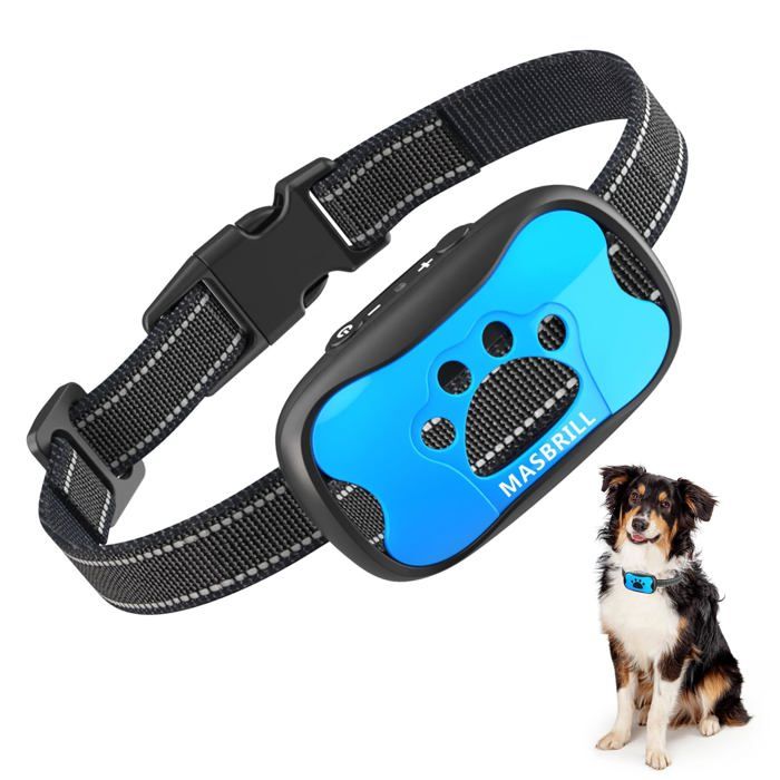Meilleurs prix pour Collier anti-aboiement chien vibration étanche protection intelligente réglable réfléchissant bleu