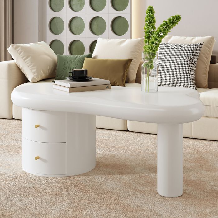 Table basse moderne - Blanc - Forme irrégulière - 2 tiroirs - 97x64x42 cm - MDF - Bords arrondis - Stable - 21 6 kg