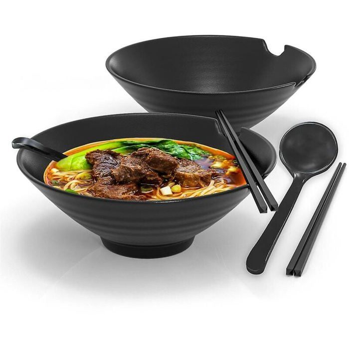 Bol à ramen 6 pièces - Service de vaisselle traditionnelle japonaise avec baguettes et cuillère en noir