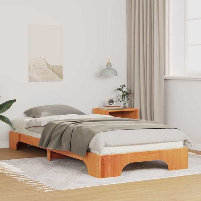 Structure de lit surélevé en bois - UU - 90x220 cm - Marron - Pin massif - Cadre à lattes - Design moderne