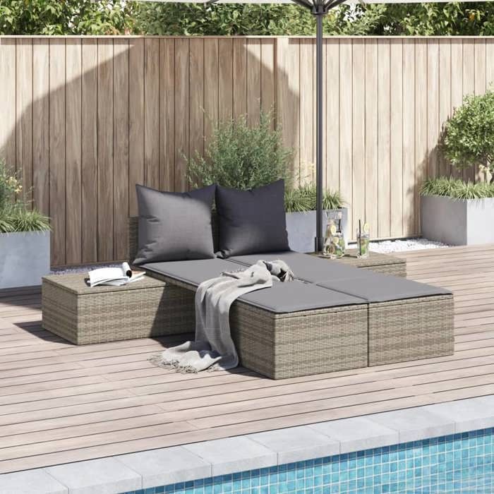 UU*TOP Chaise longue/Transat double - 2 PLACES - avec coussins - gris résine tressée CC694
