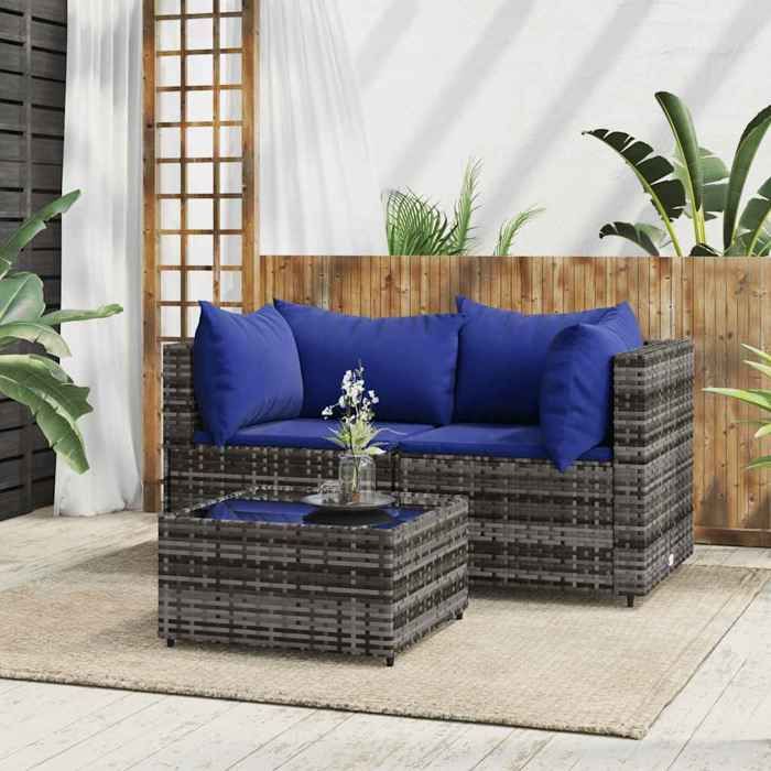 SALE 2026 Canapé de jardin Gris - Salon de jardin 3 pcs avec coussins Gris Résine tressée PRO993943731