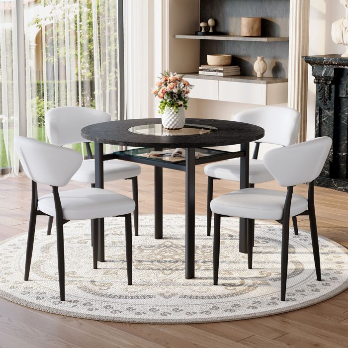 Ensemble de table ronde - Diamètre 100 cm - 4 fauteuils blancs - Verre trempé - Design contemporain