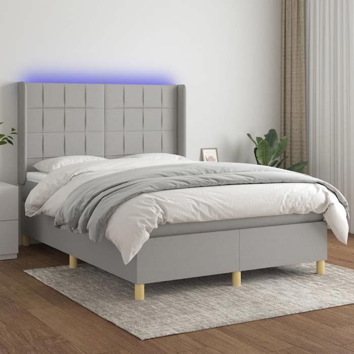 Lit avec sommier et matelas - vidaXL - 140x190 cm - Gris clair - Matelas à ressorts ensachés - Surmatelas inclus