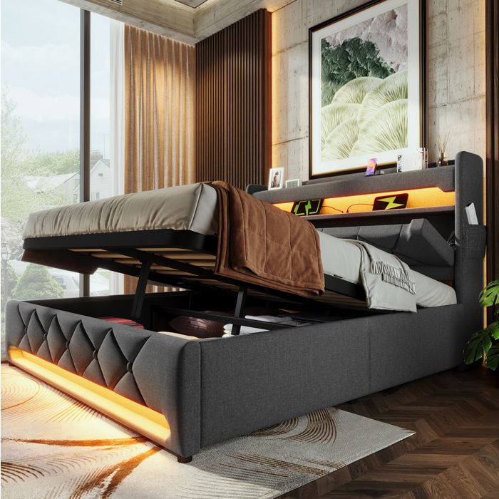 Maisentiel Lit double coffre 140 x 200 cm gris en lin LED 360° USB/USB-C sommier à lattes