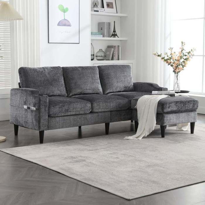 Canapé 4 places - LANGTU - Modèle 4P - Tissu chenille noir - Pouf coffre - Accoudoirs porte-gobelets
