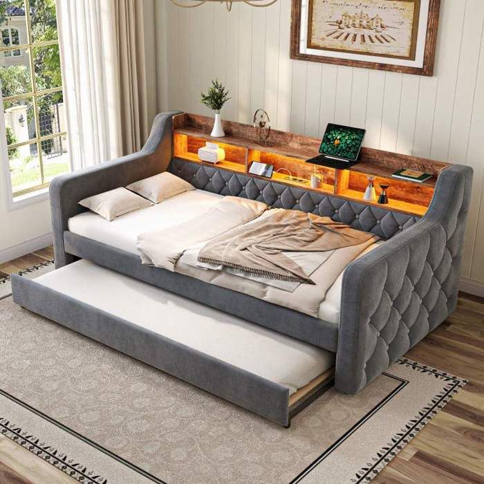 Canapé-lit gain de place - VVBV - 90x190 cm - Velours gris - LED intégrée - Port USB-C et étagère