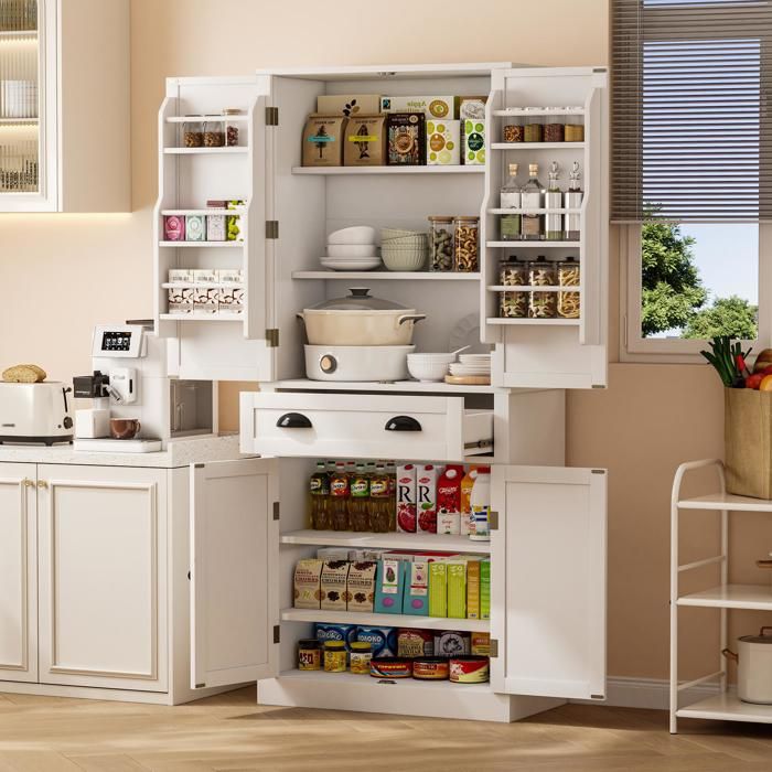 Buffet 80x40x182 cm 4 portes 1 tiroir avec 4 étagères réglables plusieurs compartiments de rangement commode blanc