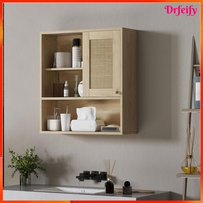 Armoire murale - AKOZON - 11161 - Porte coulissante rotin - 60x19 8x65 cm - Étagères ouvertes/fermées