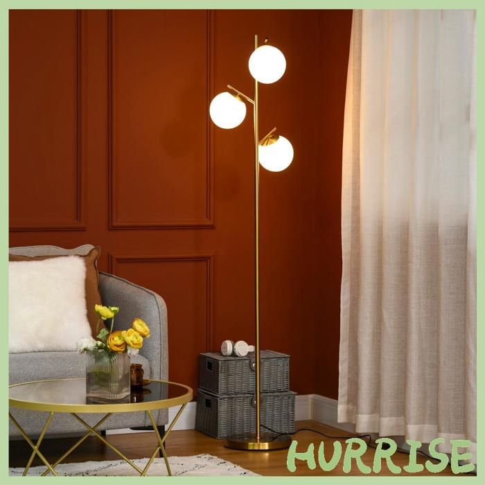 Cocosity Lampadaire Sur Pied Salon En Métal Avec 3 Abat-Jours Globe Blanc Verre Dépoli 40W Ø 27 X 169H Cm Doré