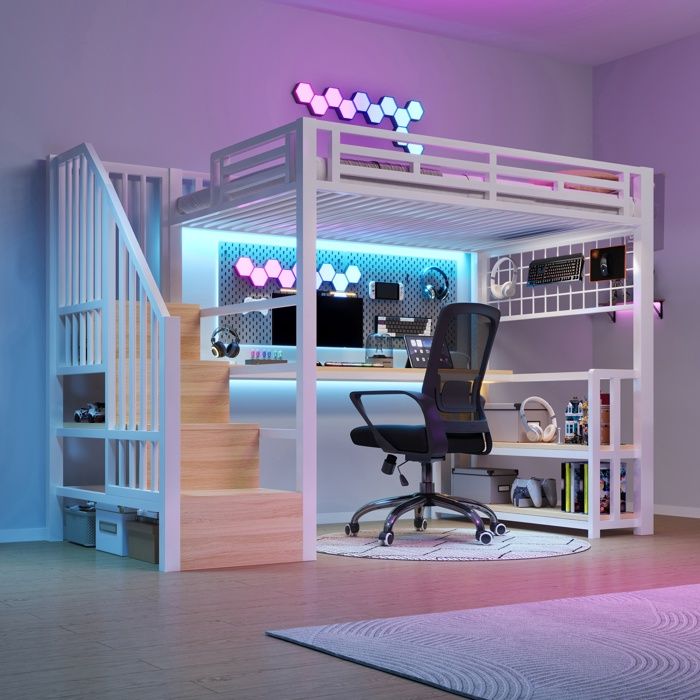 Lit mezzanine avec bureau intégré - 90x200 cm - Cadre en fer - Étagère de rangement - Grille suspendue