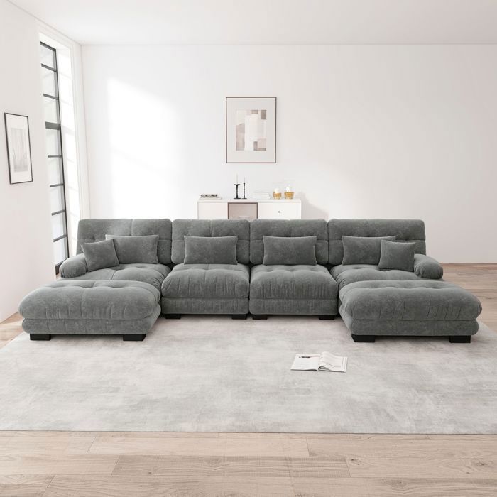 Canapé modulable - SOGEU - 406x145x81 cm (4 places) - Tissu chenille gris - Modulable U/L - Ottomans mobiles