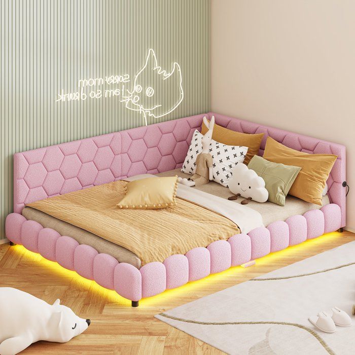 Lit Canapé Enfant 140x200 cm en Tissu Sherpa RoseLit doubleBarrières de Sécurité et Lumières LEDPorts USB IntégrésDesign Moderne