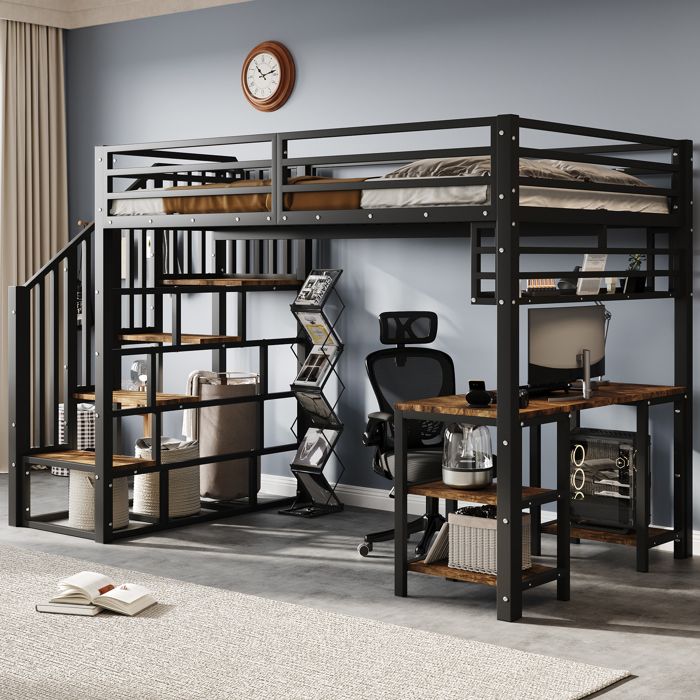 Lit superposé - 120x200 - Métal & bois - Bureau intégré - Échelle sécurisée