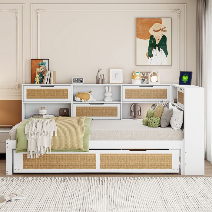 Lit gigogne Simple 90×200 cm et 90×190 cm rangement et USB - LPOSPI - sans matelas bois et rotin - blanc
