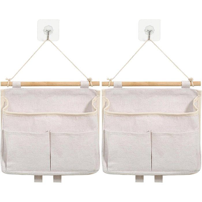 Organisateur Suspendu pour Porte 2 Pochettes de Rangement en Coton Lin Pliable Avec Crochets 25x23x6 cm Beige