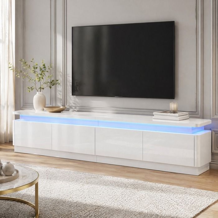 ELVMI Meuble TV Bas Blanc Laqué avec LED et 4 Tiroirs Design Moderne Pour Écrans jusquà 80 180x34x40 cm Blanc