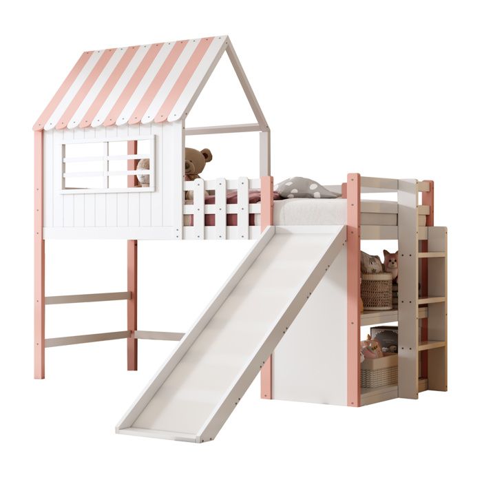 Lit mezzanine-cabane 90x200cm enfant avec tobogganéchelle et rangementsModernebois et MDF rose