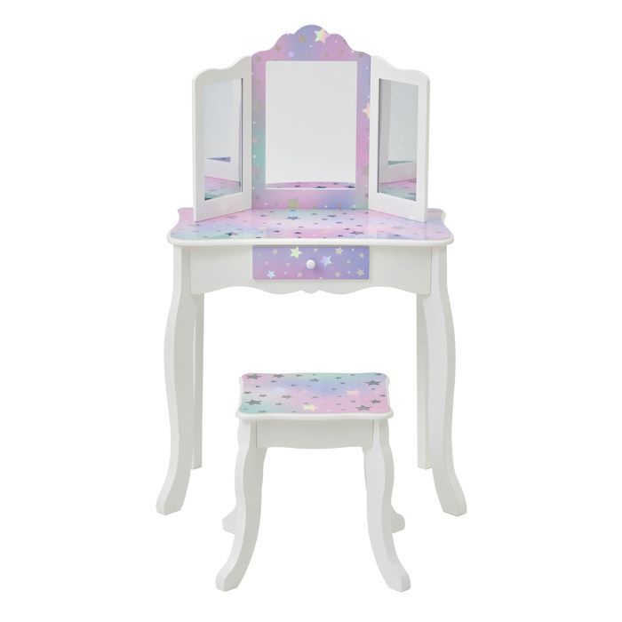 Coiffeuse enfant - Fantasy Fields - miroir triptyque tabouret blanc lavande