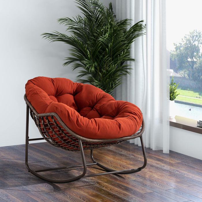 Fauteuil à bascule dextérieur en rotin Orange Acier salon de jardin terrasse extérieure tissé à la main avec soin à