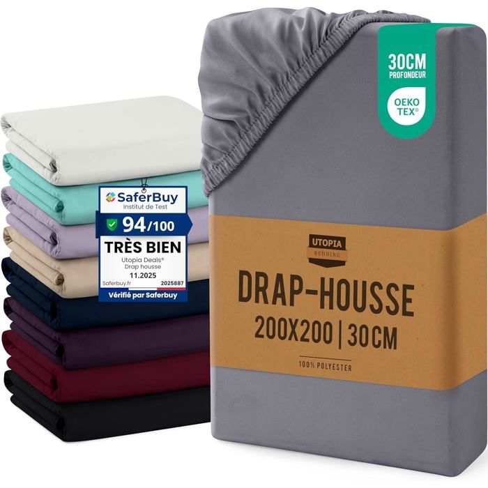 1 Drap Housse Gris 200x200 cm Bonnets 30 cm pour Matelas Épais Microfibre Brossée Certifiée Oeko-T ACCESSOIRES FABRICATION MAISON