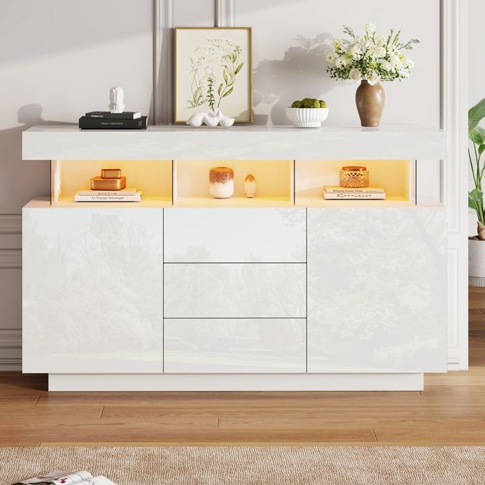 Buffet avec Éclairage LED Meuble de Rangement Moderne avec 2 portes et 3 Tiroirs Buffet Salon à Haut Brillance 140x35x80cm Blanc