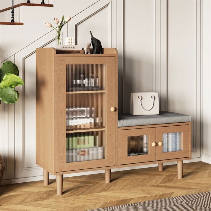 Meuble à chaussures dentrée avec banc rembourré - Meuble à chaussures avec portes en verre - Naturel