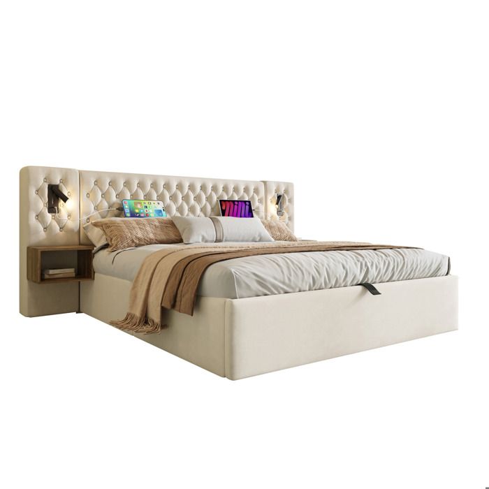 Lit double coffre 180x200 cm - Beige - velours 2 chevets liseuses USB/USB-C sommier a lattes sans matelas