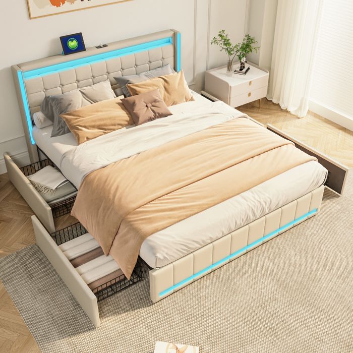Lit coffre rembourré 180x200 lit adulte avec sommier lit double avec USB et Type-C et 4 tiroirs lit LED avec rangement lin beige