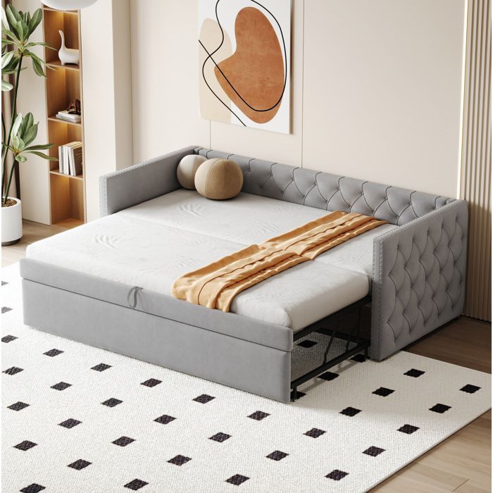 MEUBLIV Canapé-lit gigogne 90 x 200 cm en velours gris clair sommier à lattes sans matelas