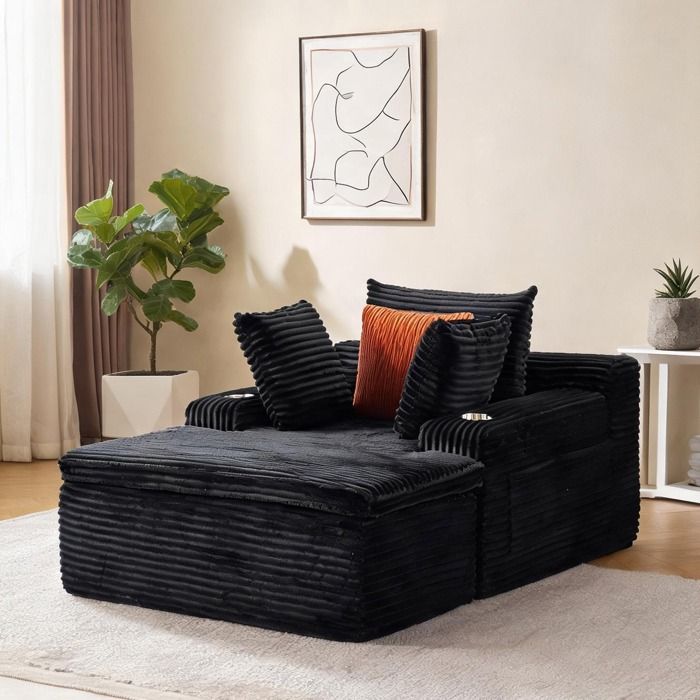 Canapé en velours côtelé deep black avec méridienne style nuage 3 coussins et plaid inclus 165 cm