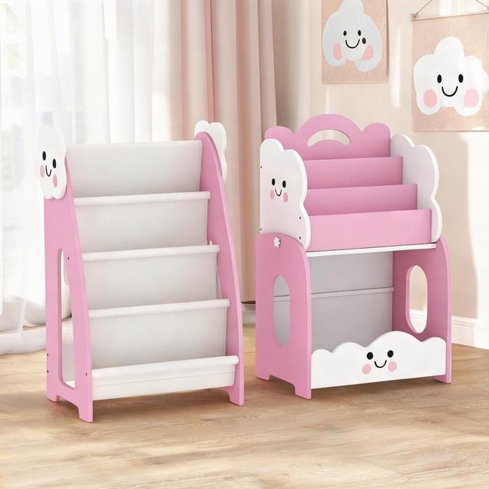 Étagère enfant évolutive 3-en-1 en blush pink – Rangement modulable avec 4 bacs 3 niveaux et table de chevet en bois