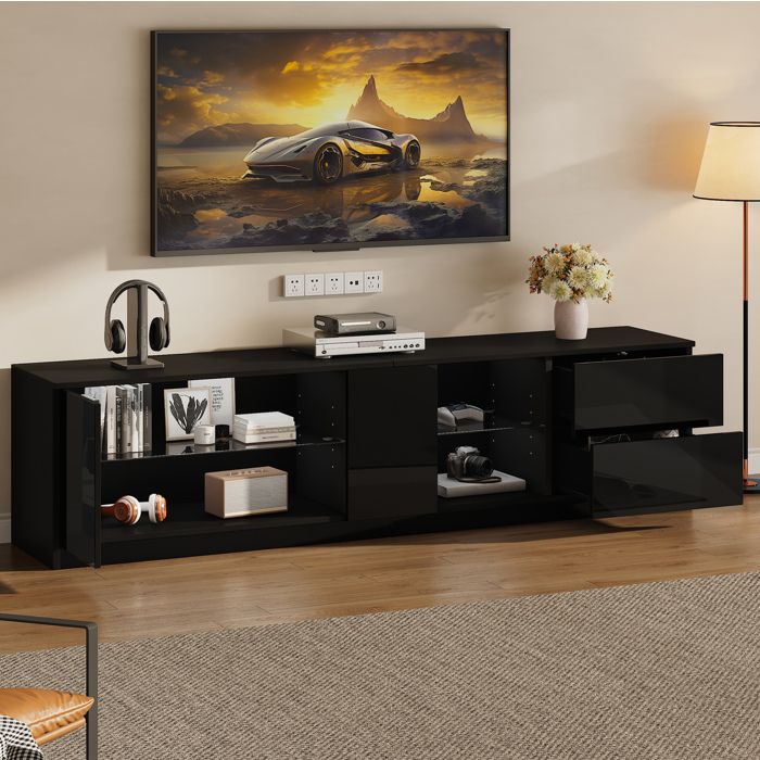 WOVREO Meuble TV 160 x 40 x 52 cm noir avec LED 16 couleurs 2 tiroirs 1 porte et verre trempé