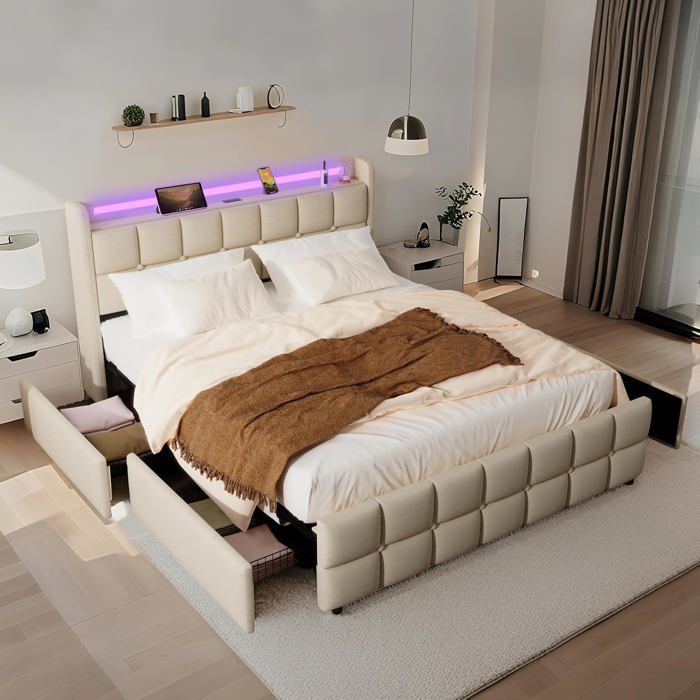 Lit multifonction rembourré 160x200 cm lin beige LED + port USB 4 tiroirs de rangement sommier à lattes adulte
