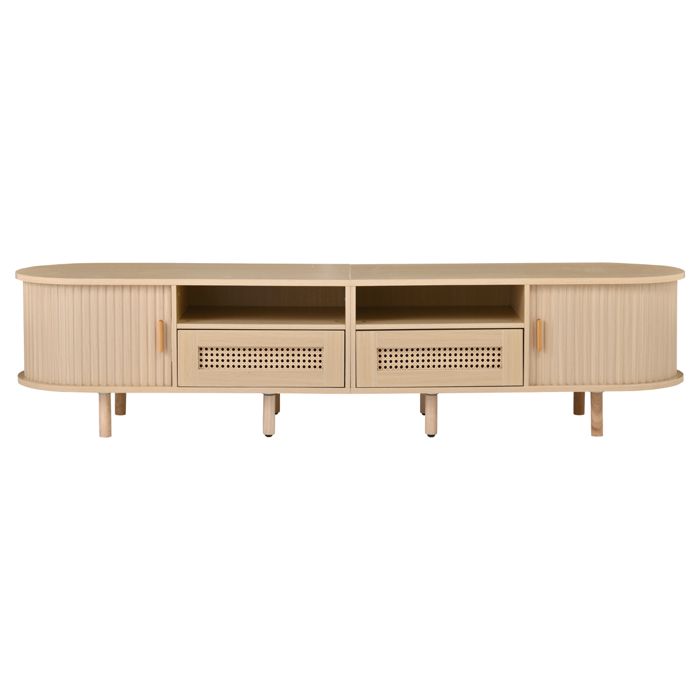 Meuble TV/table ovale de 170*40*40 cm avec 2 tiroirs en rotin et 2 portes coulissantes couleur bois