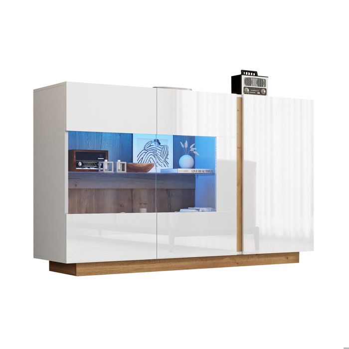 Sideboard/commode finition laquée brillante panneau de particules et verre socle bois 138 x 38 x 90 5 cm blanc