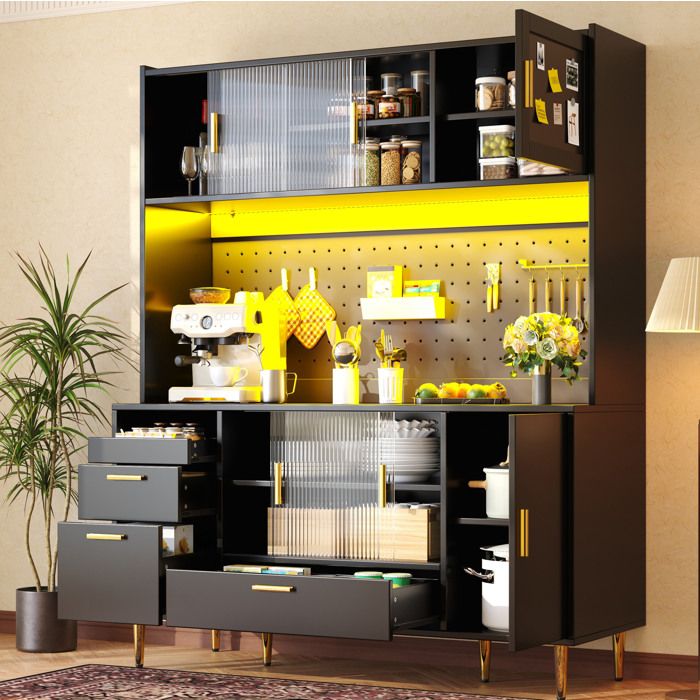 WOVREO Buffet de cuisine 140 x 40 x 180 cm noir brillant avec LED integree portes coulissantes en verre et porte magnetique