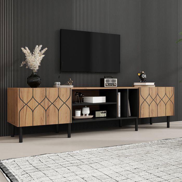 Meuble TV bas - Memkey - 180 x 40 x 50 cm - Bois naturel et noir - 2 portes push-to-open 4 niches passe-câbles