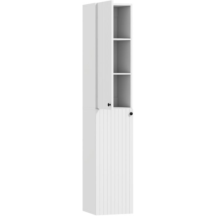 Armoire murale de salle de bain – colonne suspendue MDF laqué blanc – 2 portes 6 étagères