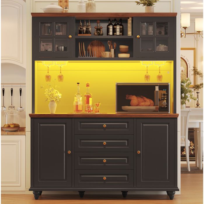 WUVRIE Buffet de cuisine highboard 140 x 40 x 179 5 cm avec LED RGB 4 tiroirs étagères réglables noir