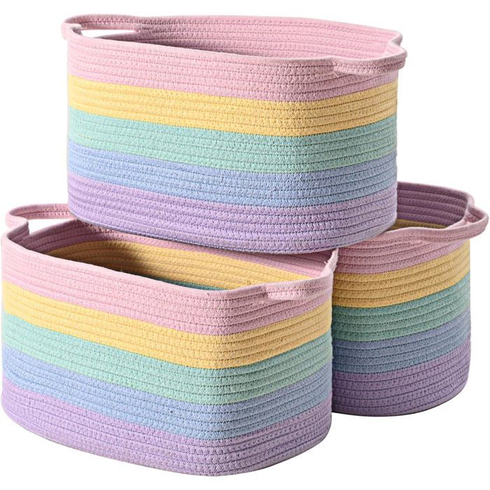 Lot de 3 paniers de rangement tressés en corde de coton - 38 x 25 x 22 cm pliables avec poignées multicolores