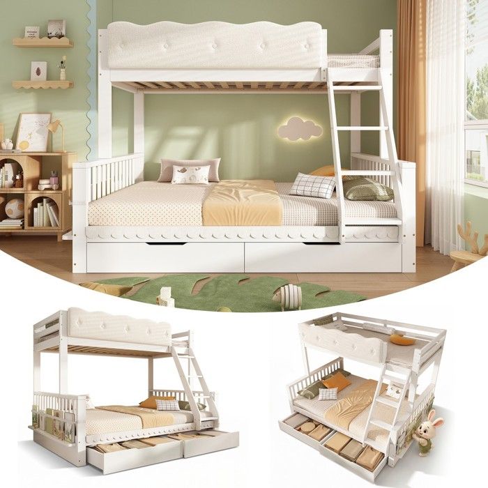 Lit superposé évolutif - PAGE LIVING - 90x200/140x200 - Bois blanc - 2 tiroirs rangement - Garde-corps nuages