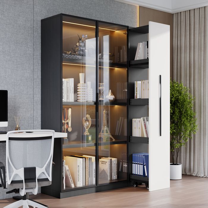 Vitrine avec porte vitrée et LED 110 5×35×160 cm Bibliothèque Tiroir Latéral à Roulettes armoire à manger blanc et noir