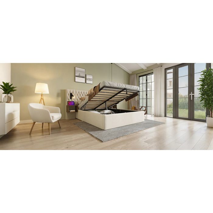 Lit coffre hydraulique 180x200 avec tête de lit à liseuses USB Type-C velours beige 2 tables de chevet ORVRYN